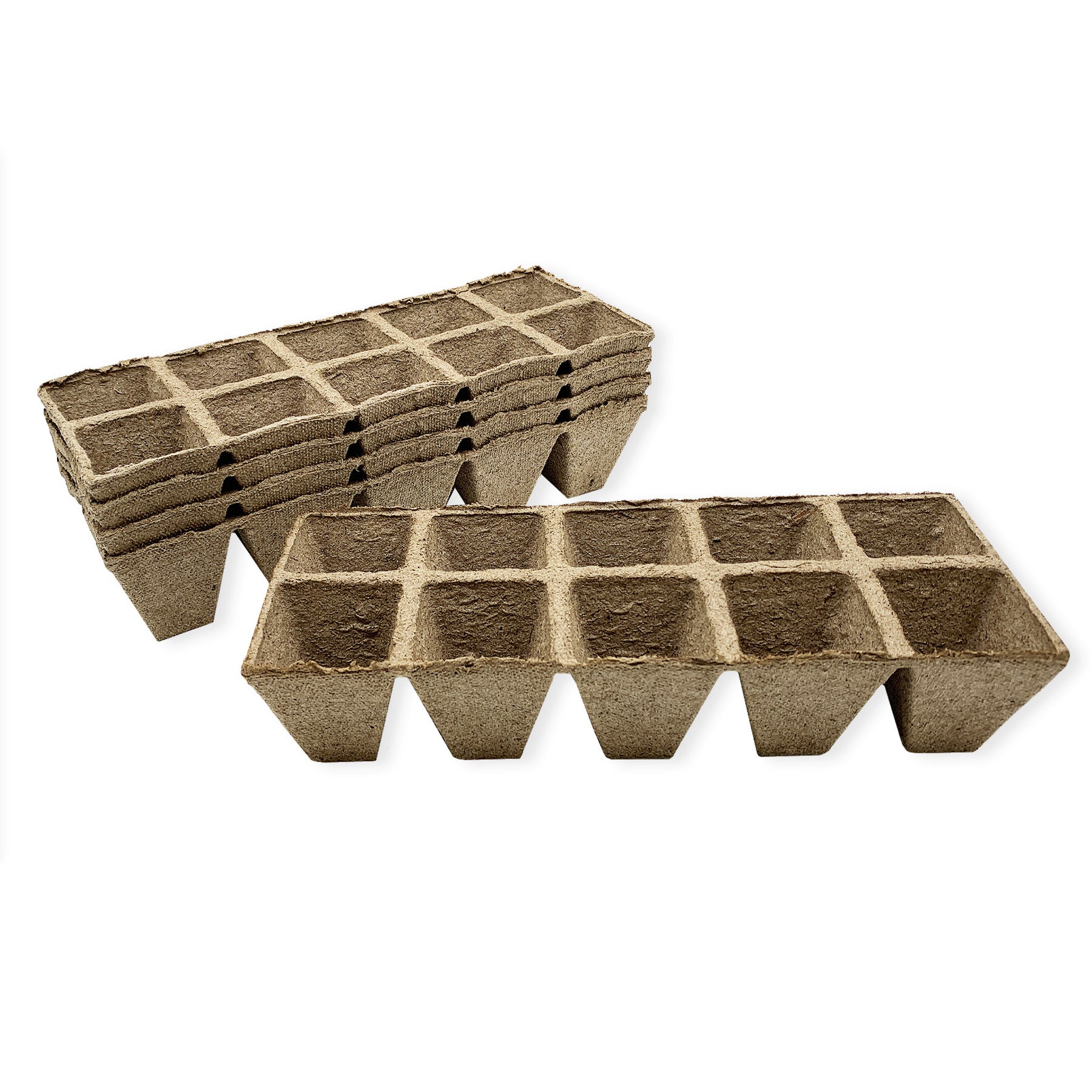 Stacks of brown biodegradable peat strips arranged in a grid pattern, each strip forming individual cells for seed starting.
